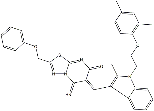 6-({1-[2-(2,4-dimethylphenoxy)ethyl]-2-methyl-1H-indol-3-yl}methylene)-5-imino-2-(phenoxymethyl)-5,6-dihydro-7H-[1,3,4]thiadiazolo[3,2-a]pyrimidin-7-one Struktur