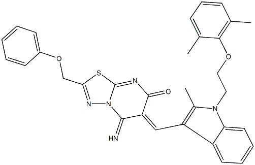 6-({1-[2-(2,6-dimethylphenoxy)ethyl]-2-methyl-1H-indol-3-yl}methylene)-5-imino-2-(phenoxymethyl)-5,6-dihydro-7H-[1,3,4]thiadiazolo[3,2-a]pyrimidin-7-one 化学構造式