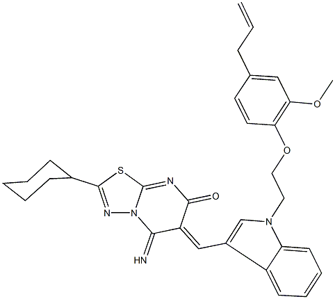 6-({1-[2-(4-allyl-2-methoxyphenoxy)ethyl]-1H-indol-3-yl}methylene)-2-cyclohexyl-5-imino-5,6-dihydro-7H-[1,3,4]thiadiazolo[3,2-a]pyrimidin-7-one Struktur