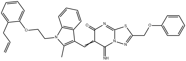 6-({1-[2-(2-allylphenoxy)ethyl]-2-methyl-1H-indol-3-yl}methylene)-5-imino-2-(phenoxymethyl)-5,6-dihydro-7H-[1,3,4]thiadiazolo[3,2-a]pyrimidin-7-one Structure