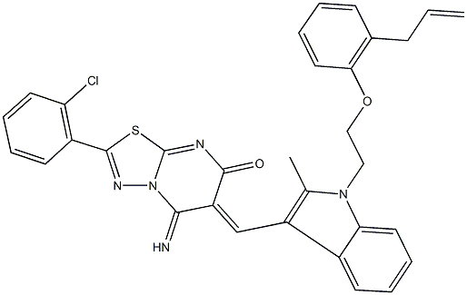 6-({1-[2-(2-allylphenoxy)ethyl]-2-methyl-1H-indol-3-yl}methylene)-2-(2-chlorophenyl)-5-imino-5,6-dihydro-7H-[1,3,4]thiadiazolo[3,2-a]pyrimidin-7-one,445457-44-3,结构式