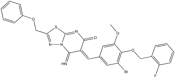 6-{3-bromo-4-[(2-fluorobenzyl)oxy]-5-methoxybenzylidene}-5-imino-2-(phenoxymethyl)-5,6-dihydro-7H-[1,3,4]thiadiazolo[3,2-a]pyrimidin-7-one 化学構造式