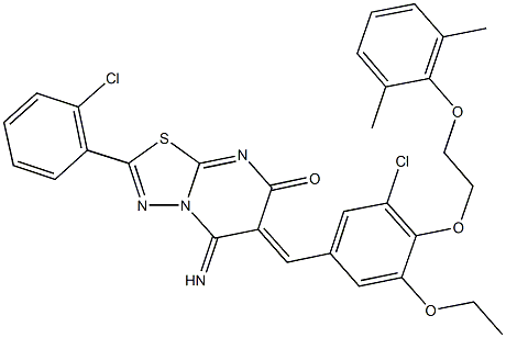 6-{3-chloro-4-[2-(2,6-dimethylphenoxy)ethoxy]-5-ethoxybenzylidene}-2-(2-chlorophenyl)-5-imino-5,6-dihydro-7H-[1,3,4]thiadiazolo[3,2-a]pyrimidin-7-one Struktur