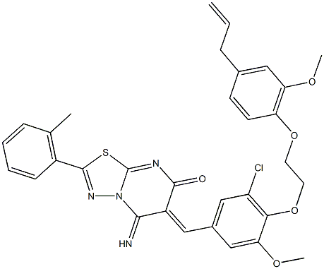 6-{4-[2-(4-allyl-2-methoxyphenoxy)ethoxy]-3-chloro-5-methoxybenzylidene}-5-imino-2-(2-methylphenyl)-5,6-dihydro-7H-[1,3,4]thiadiazolo[3,2-a]pyrimidin-7-one 化学構造式