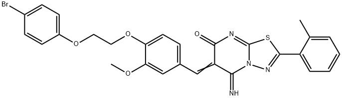 6-{4-[2-(4-bromophenoxy)ethoxy]-3-methoxybenzylidene}-5-imino-2-(2-methylphenyl)-5,6-dihydro-7H-[1,3,4]thiadiazolo[3,2-a]pyrimidin-7-one,445457-79-4,结构式