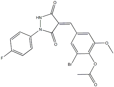 2-bromo-4-{[1-(4-fluorophenyl)-3,5-dioxo-4-pyrazolidinylidene]methyl}-6-methoxyphenyl acetate Structure