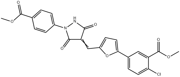 methyl 2-chloro-5-[5-({1-[4-(methoxycarbonyl)phenyl]-3,5-dioxo-4-pyrazolidinylidene}methyl)-2-furyl]benzoate 化学構造式