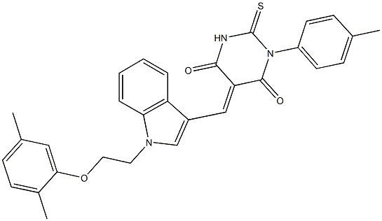 5-({1-[2-(2,5-dimethylphenoxy)ethyl]-1H-indol-3-yl}methylene)-1-(4-methylphenyl)-2-thioxodihydro-4,6(1H,5H)-pyrimidinedione 化学構造式