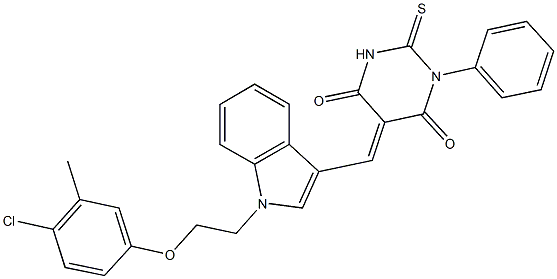 5-({1-[2-(4-chloro-3-methylphenoxy)ethyl]-1H-indol-3-yl}methylene)-1-phenyl-2-thioxodihydro-4,6(1H,5H)-pyrimidinedione Structure