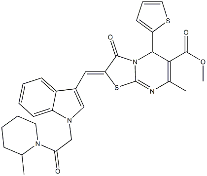 methyl 7-methyl-2-({1-[2-(2-methyl-1-piperidinyl)-2-oxoethyl]-1H-indol-3-yl}methylene)-3-oxo-5-(2-thienyl)-2,3-dihydro-5H-[1,3]thiazolo[3,2-a]pyrimidine-6-carboxylate Structure