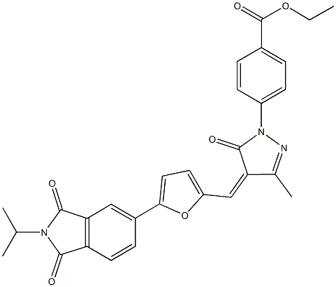 ethyl 4-(4-{[5-(2-isopropyl-1,3-dioxo-2,3-dihydro-1H-isoindol-5-yl)-2-furyl]methylene}-3-methyl-5-oxo-4,5-dihydro-1H-pyrazol-1-yl)benzoate Struktur