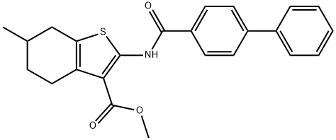 methyl 2-[([1,1'-biphenyl]-4-ylcarbonyl)amino]-6-methyl-4,5,6,7-tetrahydro-1-benzothiophene-3-carboxylate 化学構造式