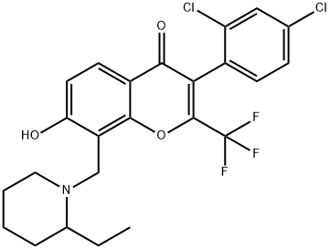 3-(2,4-dichlorophenyl)-8-[(2-ethyl-1-piperidinyl)methyl]-7-hydroxy-2-(trifluoromethyl)-4H-chromen-4-one Struktur