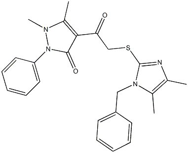 4-{[(1-benzyl-4,5-dimethyl-1H-imidazol-2-yl)sulfanyl]acetyl}-1,5-dimethyl-2-phenyl-1,2-dihydro-3H-pyrazol-3-one 结构式