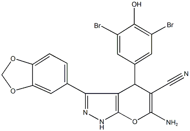 6-amino-3-(1,3-benzodioxol-5-yl)-4-(3,5-dibromo-4-hydroxyphenyl)-1,4-dihydropyrano[2,3-c]pyrazole-5-carbonitrile 结构式