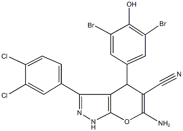 6-amino-4-(3,5-dibromo-4-hydroxyphenyl)-3-(3,4-dichlorophenyl)-1,4-dihydropyrano[2,3-c]pyrazole-5-carbonitrile 化学構造式