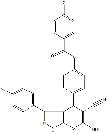 4-[6-amino-5-cyano-3-(4-methylphenyl)-1,4-dihydropyrano[2,3-c]pyrazol-4-yl]phenyl 4-chlorobenzoate Structure