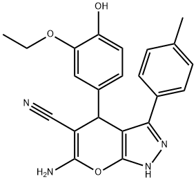 6-amino-4-(3-ethoxy-4-hydroxyphenyl)-3-(4-methylphenyl)-1,4-dihydropyrano[2,3-c]pyrazole-5-carbonitrile Structure