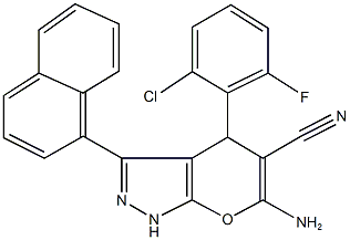 6-amino-4-(2-chloro-6-fluorophenyl)-3-(1-naphthyl)-1,4-dihydropyrano[2,3-c]pyrazole-5-carbonitrile 化学構造式