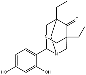 2-(2,4-dihydroxyphenyl)-5,7-diethyl-1,3-diazatricyclo[3.3.1.1~3,7~]decan-6-one 化学構造式