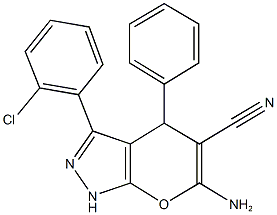 6-amino-3-(2-chlorophenyl)-4-phenyl-1,4-dihydropyrano[2,3-c]pyrazole-5-carbonitrile 结构式
