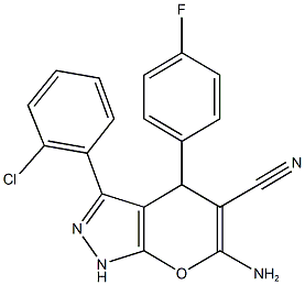 6-amino-3-(2-chlorophenyl)-4-(4-fluorophenyl)-1,4-dihydropyrano[2,3-c]pyrazole-5-carbonitrile,448909-10-2,结构式