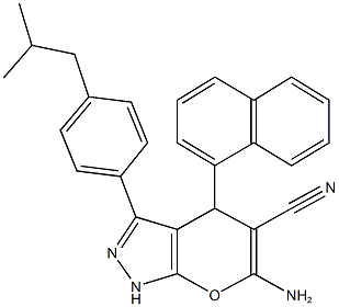 6-amino-3-(4-isobutylphenyl)-4-(1-naphthyl)-1,4-dihydropyrano[2,3-c]pyrazole-5-carbonitrile Structure