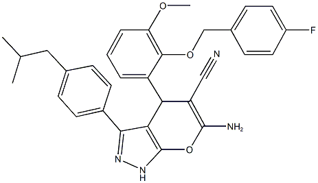 6-amino-4-{2-[(4-fluorobenzyl)oxy]-3-methoxyphenyl}-3-(4-isobutylphenyl)-1,4-dihydropyrano[2,3-c]pyrazole-5-carbonitrile 结构式
