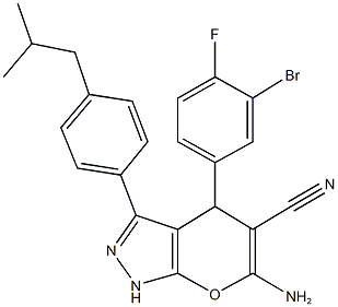 6-amino-4-(3-bromo-4-fluorophenyl)-3-(4-isobutylphenyl)-1,4-dihydropyrano[2,3-c]pyrazole-5-carbonitrile Struktur