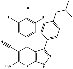 6-amino-4-(3,5-dibromo-4-hydroxyphenyl)-3-(4-isobutylphenyl)-1,4-dihydropyrano[2,3-c]pyrazole-5-carbonitrile,448910-06-3,结构式