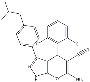 6-amino-4-(2-chloro-6-fluorophenyl)-3-(4-isobutylphenyl)-1,4-dihydropyrano[2,3-c]pyrazole-5-carbonitrile,448910-09-6,结构式