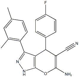 6-amino-3-(2,4-dimethylphenyl)-4-(4-fluorophenyl)-1,4-dihydropyrano[2,3-c]pyrazole-5-carbonitrile 化学構造式