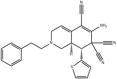 6-amino-2-(2-phenylethyl)-8-(2-thienyl)-2,3,8,8a-tetrahydro-5,7,7(1H)-isoquinolinetricarbonitrile 结构式
