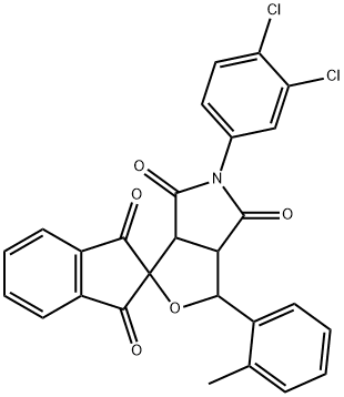 5-(3,4-dichlorophenyl)-1-(2-methylphenyl)dihydrospiro(1H-furo[3,4-c]pyrrole-3,2'-[1'H]-indene-)-1',3',4,6(2'H,3H,5H)-tetrone,467448-28-8,结构式