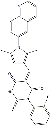 5-{[2,5-dimethyl-1-(6-quinolinyl)-1H-pyrrol-3-yl]methylene}-1-(2-fluorophenyl)-2,4,6(1H,3H,5H)-pyrimidinetrione Structure