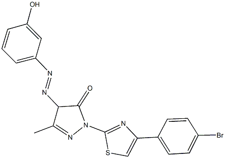 2-[4-(4-bromophenyl)-1,3-thiazol-2-yl]-4-[(3-hydroxyphenyl)diazenyl]-5-methyl-2,4-dihydro-3H-pyrazol-3-one Struktur