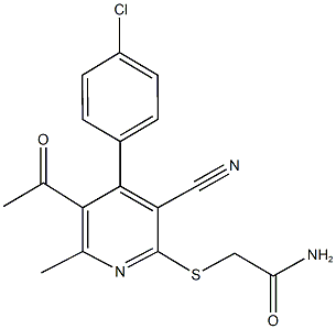 2-{[5-acetyl-4-(4-chlorophenyl)-3-cyano-6-methyl-2-pyridinyl]sulfanyl}acetamide Structure