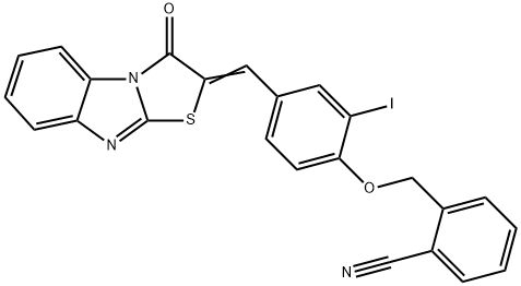 2-({2-iodo-4-[(3-oxo[1,3]thiazolo[3,2-a]benzimidazol-2(3H)-ylidene)methyl]phenoxy}methyl)benzonitrile Struktur