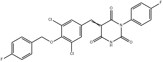 5-{3,5-dichloro-4-[(4-fluorobenzyl)oxy]benzylidene}-1-(4-fluorophenyl)-2,4,6(1H,3H,5H)-pyrimidinetrione 化学構造式