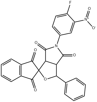 5-(4-fluoro-3-nitrophenyl)-1',3',4,6(2'H,3H,5H)-tetraoxo-1-phenyldihydrospiro(1H-furo[3,4-c]pyrrole-3,2'-[1'H]-indene) 化学構造式