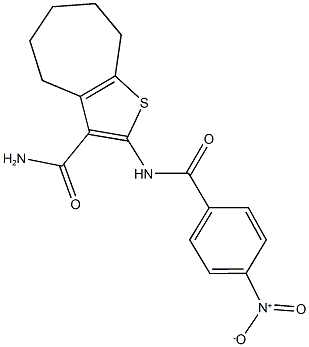 2-({4-nitrobenzoyl}amino)-5,6,7,8-tetrahydro-4H-cyclohepta[b]thiophene-3-carboxamide Struktur