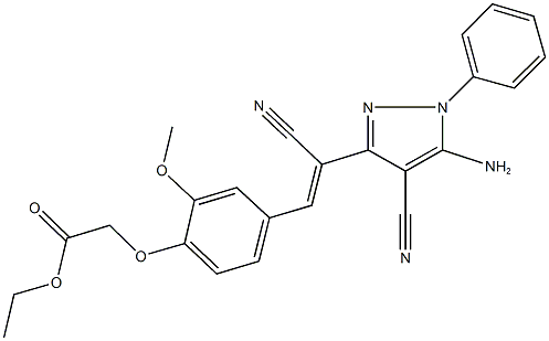 ethyl {4-[2-(5-amino-4-cyano-1-phenyl-1H-pyrazol-3-yl)-2-cyanovinyl]-2-methoxyphenoxy}acetate,481649-26-7,结构式