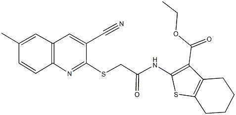 ethyl 2-({[(3-cyano-6-methyl-2-quinolinyl)sulfanyl]acetyl}amino)-4,5,6,7-tetrahydro-1-benzothiophene-3-carboxylate Struktur