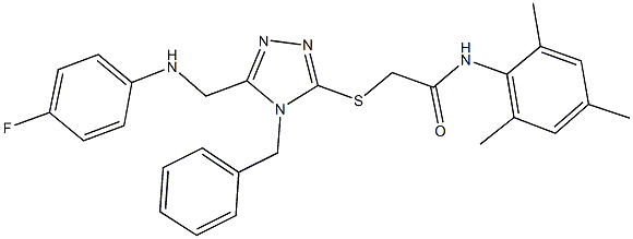 2-({4-benzyl-5-[(4-fluoroanilino)methyl]-4H-1,2,4-triazol-3-yl}sulfanyl)-N-mesitylacetamide 结构式