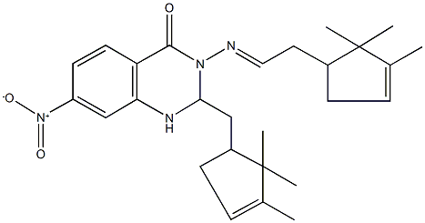 7-nitro-3-{[2-(2,2,3-trimethyl-3-cyclopenten-1-yl)ethylidene]amino}-2-[(2,2,3-trimethyl-3-cyclopenten-1-yl)methyl]-2,3-dihydro-4(1H)-quinazolinone Struktur