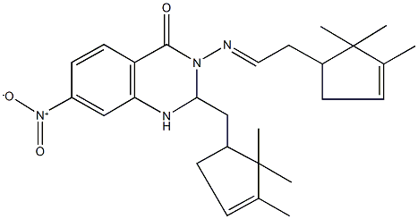 7-nitro-3-{[2-(2,2,3-trimethyl-3-cyclopenten-1-yl)ethylidene]amino}-2-[(2,2,3-trimethyl-3-cyclopenten-1-yl)methyl]-2,3-dihydro-4(1H)-quinazolinone,484049-64-1,结构式