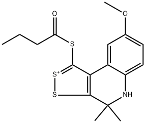 1-(butyrylsulfanyl)-8-methoxy-4,4-dimethyl-4H,5H-[1,2]dithiolo[3,4-c]quinolin-2-ium Struktur