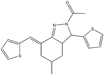 2-acetyl-5-methyl-3-(2-thienyl)-7-(2-thienylmethylene)-3,3a,4,5,6,7-hexahydro-2H-indazole Structure