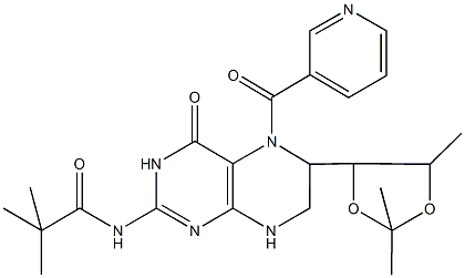 2,2-dimethyl-N-[4-oxo-5-(3-pyridinylcarbonyl)-6-(2,2,5-trimethyl-1,3-dioxolan-4-yl)-3,4,5,6,7,8-hexahydro-2-pteridinyl]propanamide Struktur