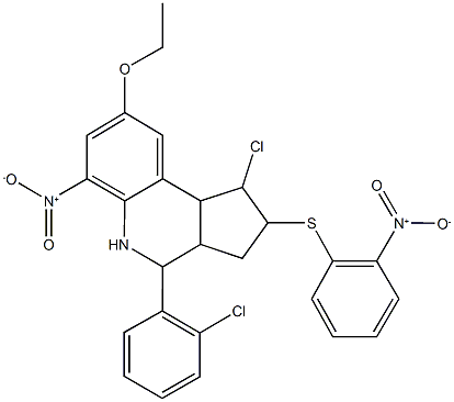 1-chloro-4-(2-chlorophenyl)-8-ethoxy-6-nitro-2-({2-nitrophenyl}sulfanyl)-2,3,3a,4,5,9b-hexahydro-1H-cyclopenta[c]quinoline 结构式